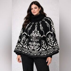 Max Mara 100% Wool Graphic Knit Turtleneck Poncho Cape